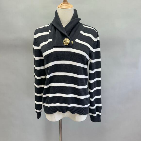 Lauren Ralph Lauren navy & white striped shawl collar sweater size medium - Picture 1 of 15